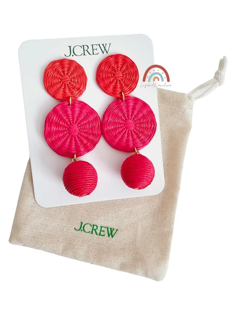 New! J. Crew Raffia Straw Bohemian Tripe Drop Orange Pink Red Earrings